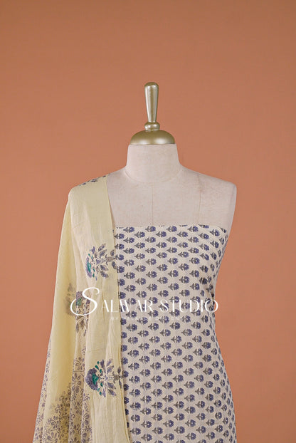 Printed Cotton Unstitched Salwar Suit Dress Material Off-White With Dusty Periwinkle Blue AC0188