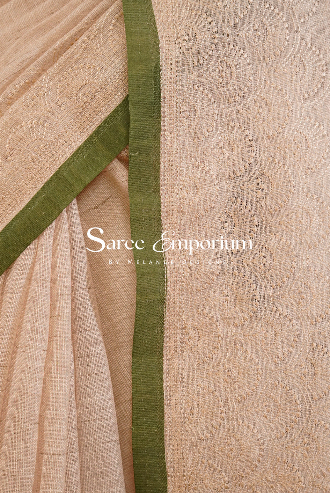 Art Linen Embroidery Saree For Women Beige & Green BJ0570