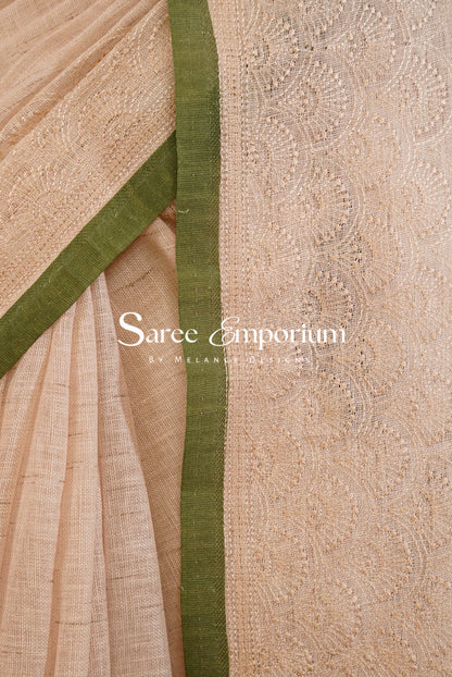 Art Linen Embroidery Saree For Women Beige & Green BJ0570