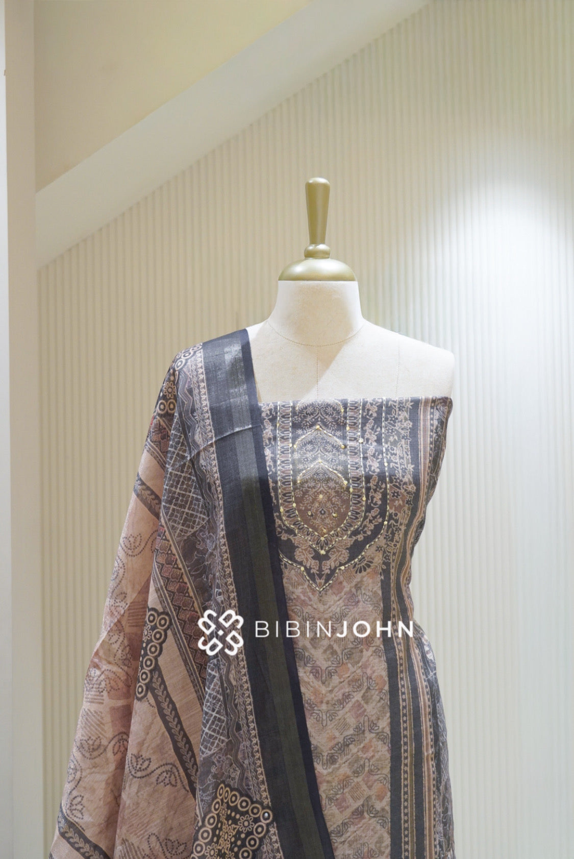 Tissue Linen Embroidery Unstitched Salwar Suit Material Dusty Mauve With Charcoal Grey BJ2477