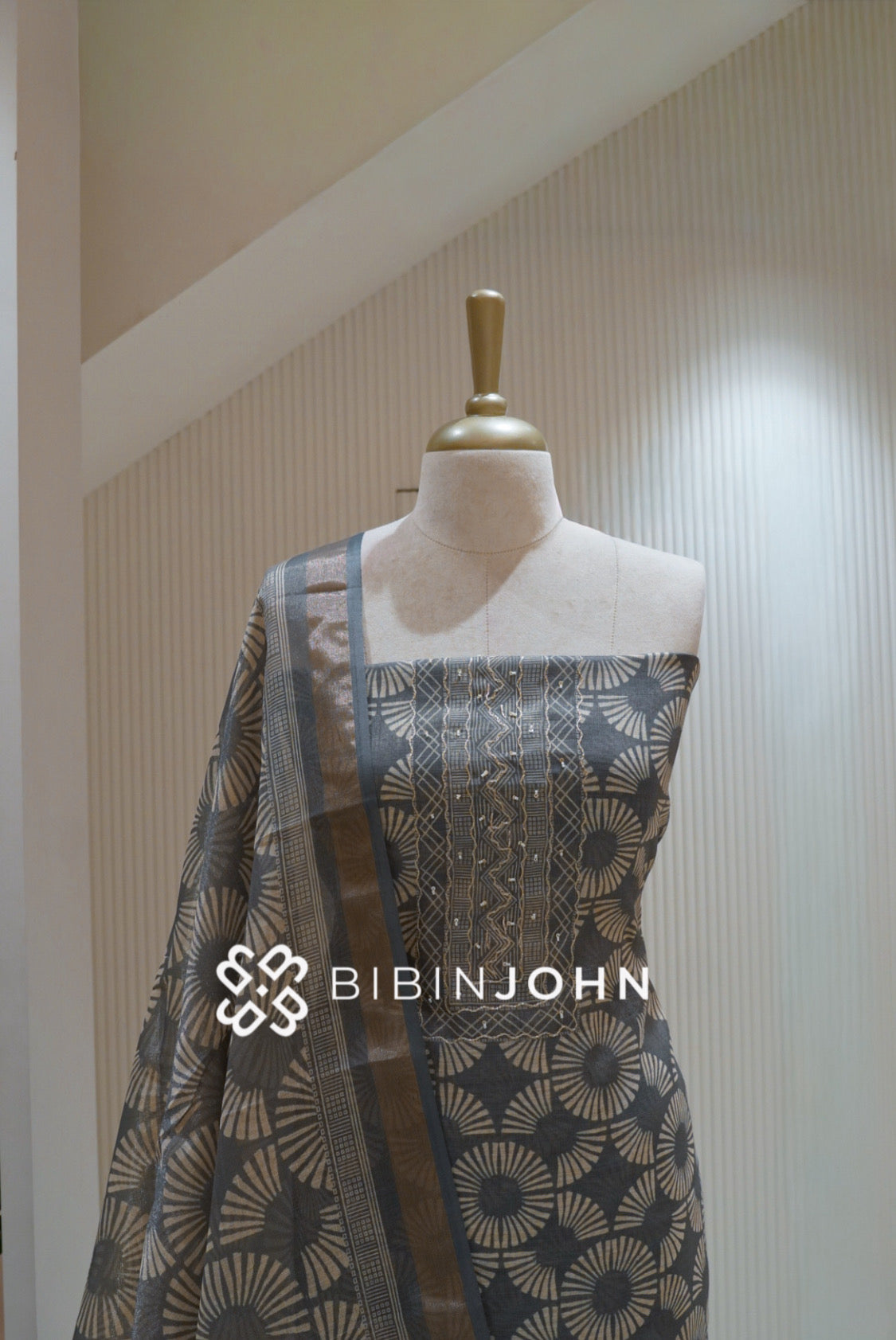 Printed Tissue Linen Embroidery Unstitched Salwar Suit Material Slate Grey BJ2508