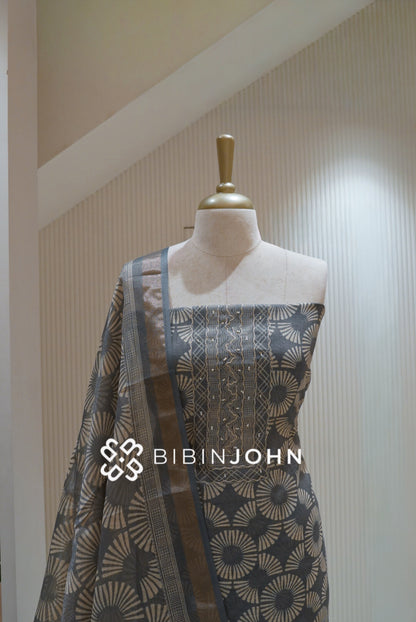 Printed Tissue Linen Embroidery Unstitched Salwar Suit Material Slate Grey BJ2508