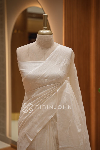 Linen Embroidery Saree For Women Ivory White BJ1649