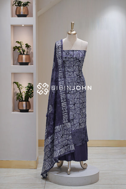 Batik Printed Chanderi Unstitched Salwar Suit Material Deep Indigo Purple BJ2307