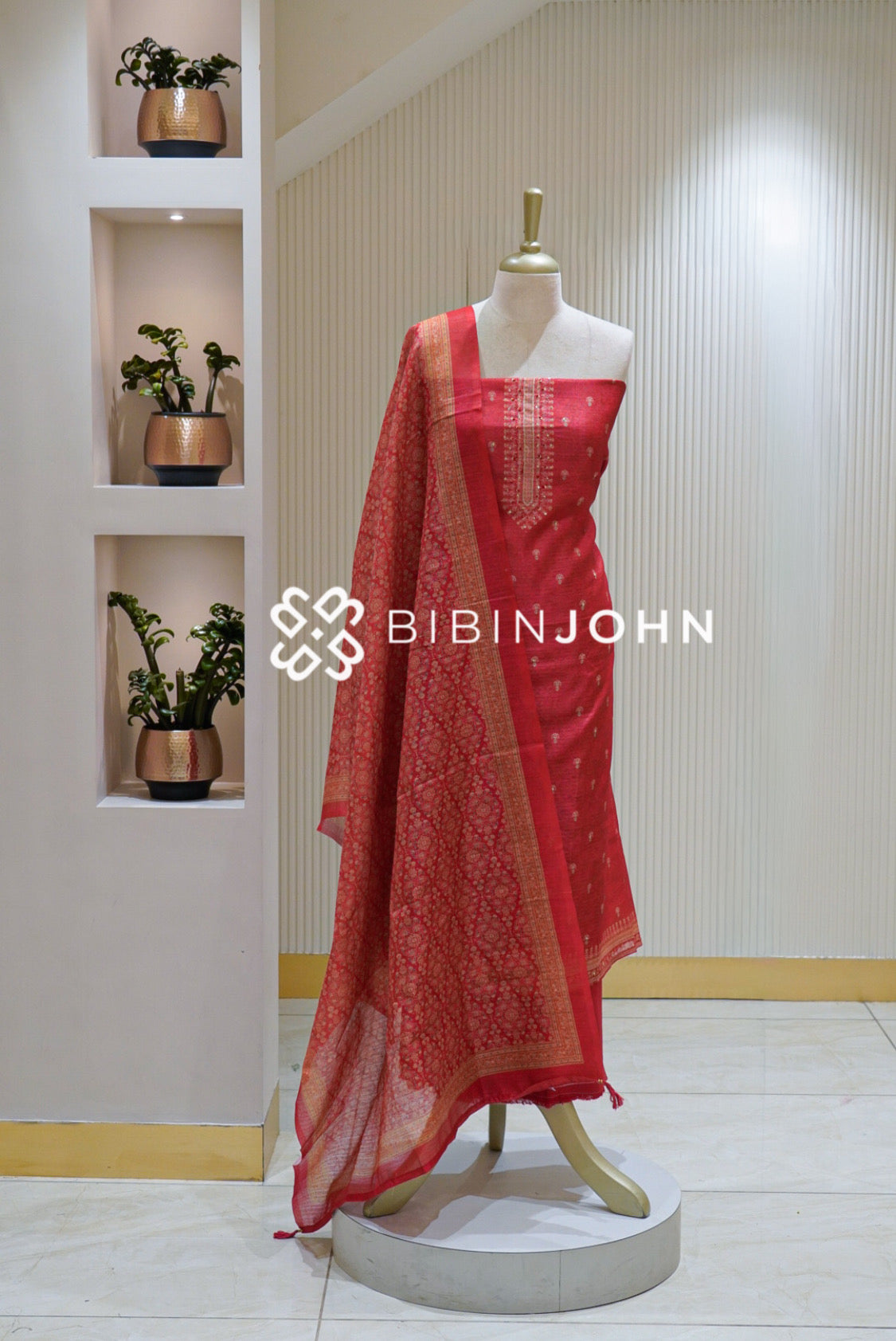 Semi Silk Embroidery Unstitched Salwar Suit Material Coral Red BJ2536