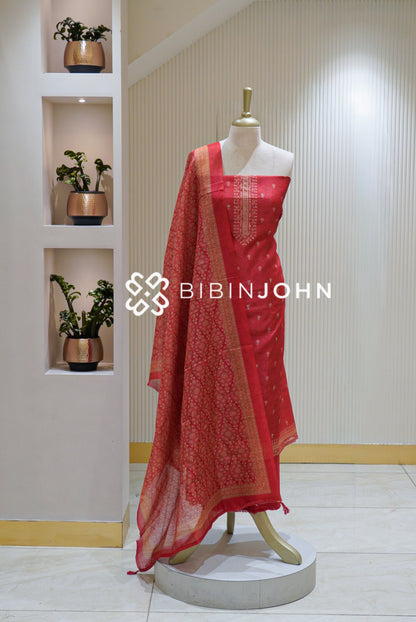 Semi Silk Embroidery Unstitched Salwar Suit Material Coral Red BJ2536