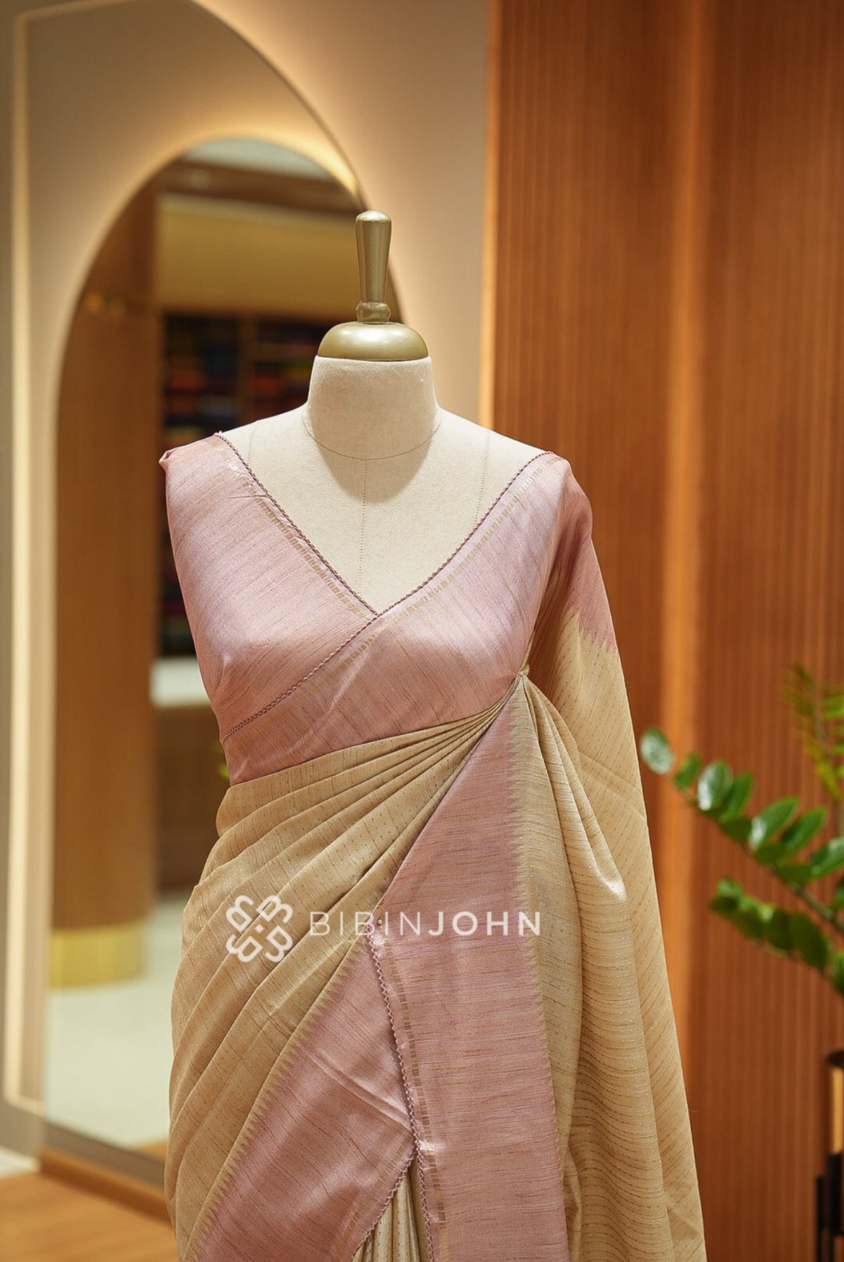 Semi Tussar Weaving Saree For Women Cream Beige With Dusty Rose Pink BJ2657