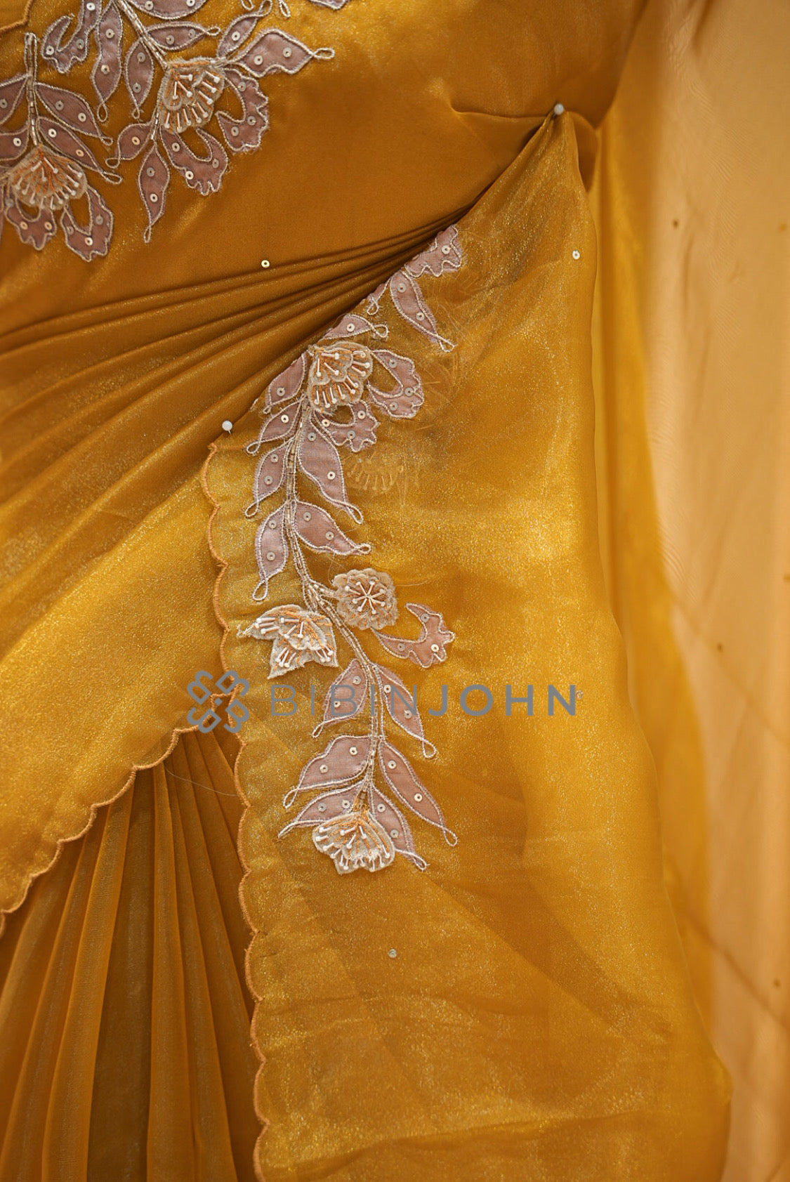 Tissue Organza Embroidery Saree For Women Mustard Gold side view