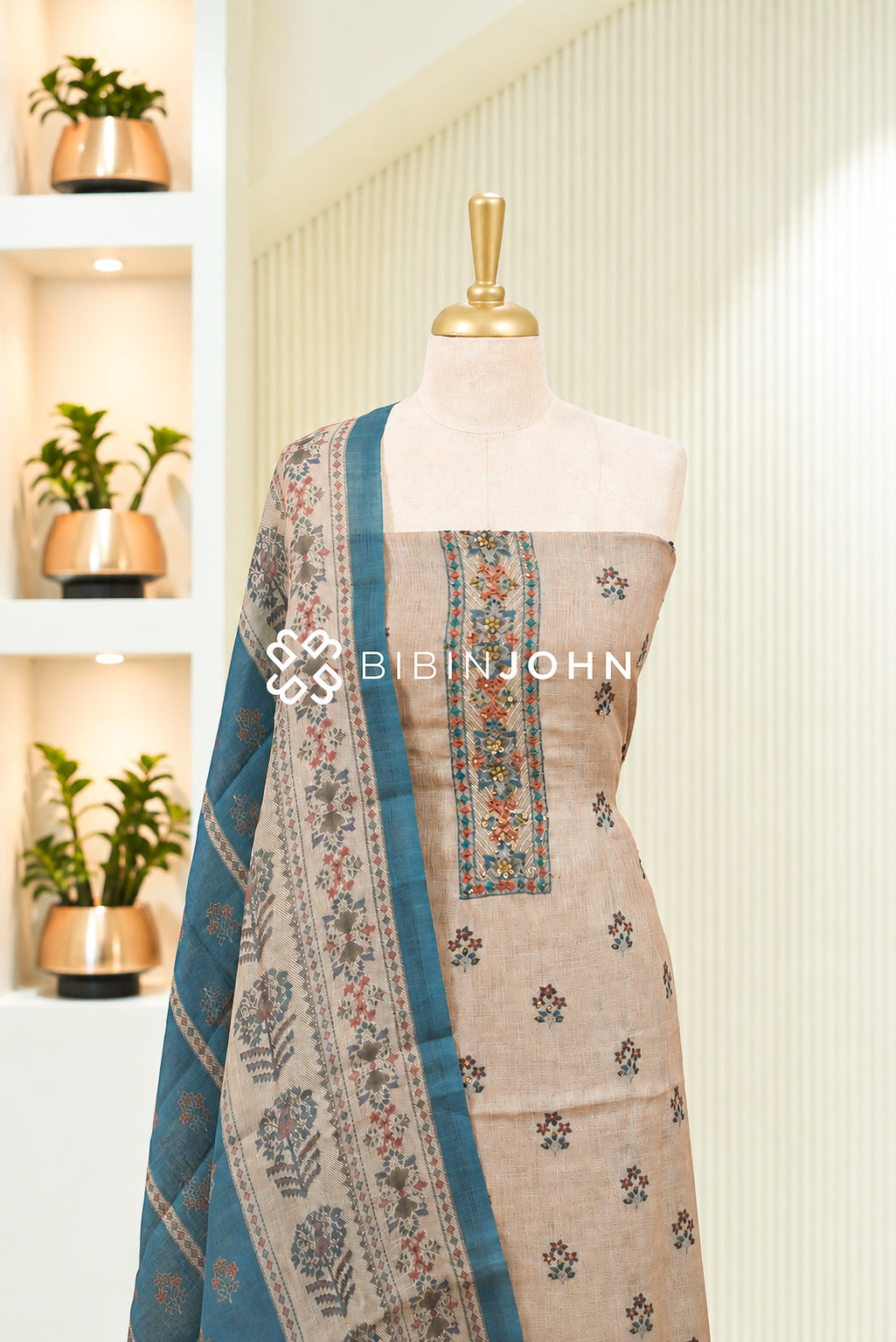 Art Linen Embroidery Unstitched Salwar Suit Material Beige BJ1913