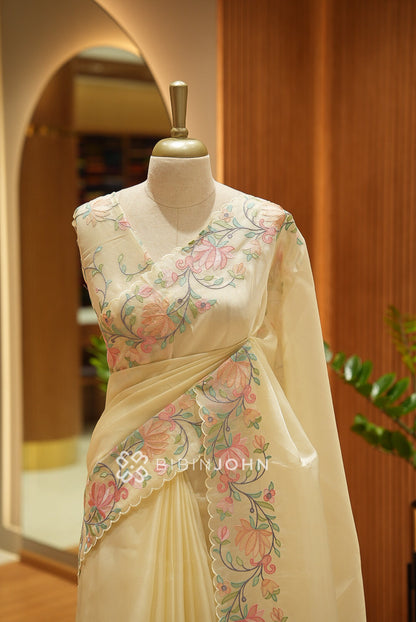 Tissue Organza Embroidery Saree For Women Ivory Cream BJ2660