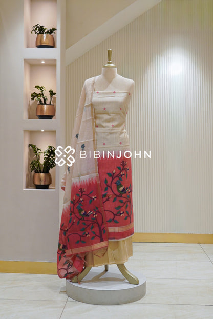 Chanderi Embroidery Weaving Unstitched Salwar Suit Material Ivory Cream With Coral Pink BJ2609