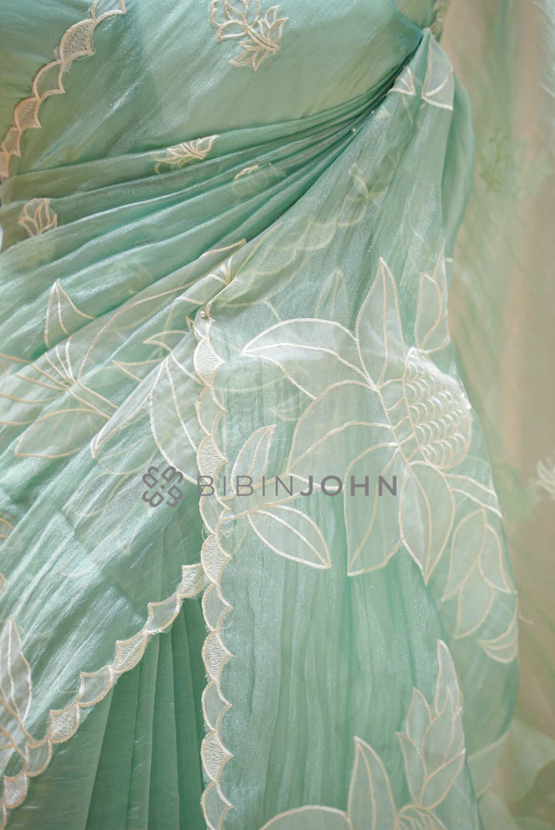 Tissue Organza Applique Saree For Women Mint Green BJ0838