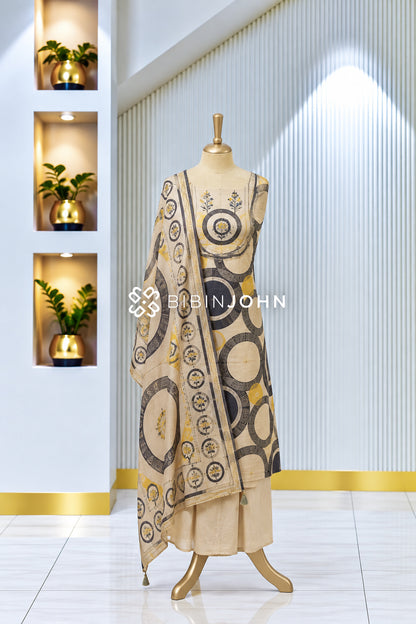 Muslin Embroidery Semi Stitched Salwar Suit Ivory Beige With Charcoal Black BJ1976
