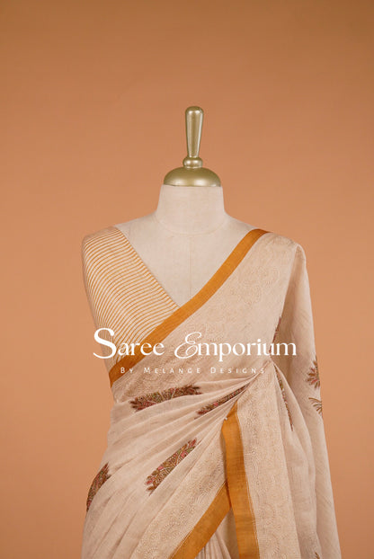 Art Linen Embroidery Saree For Women Beige & Yellow BJ0572