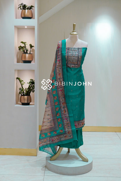 Semi Silk Embroidery Unstitched Salwar Suit Material Teal Green BJ2518