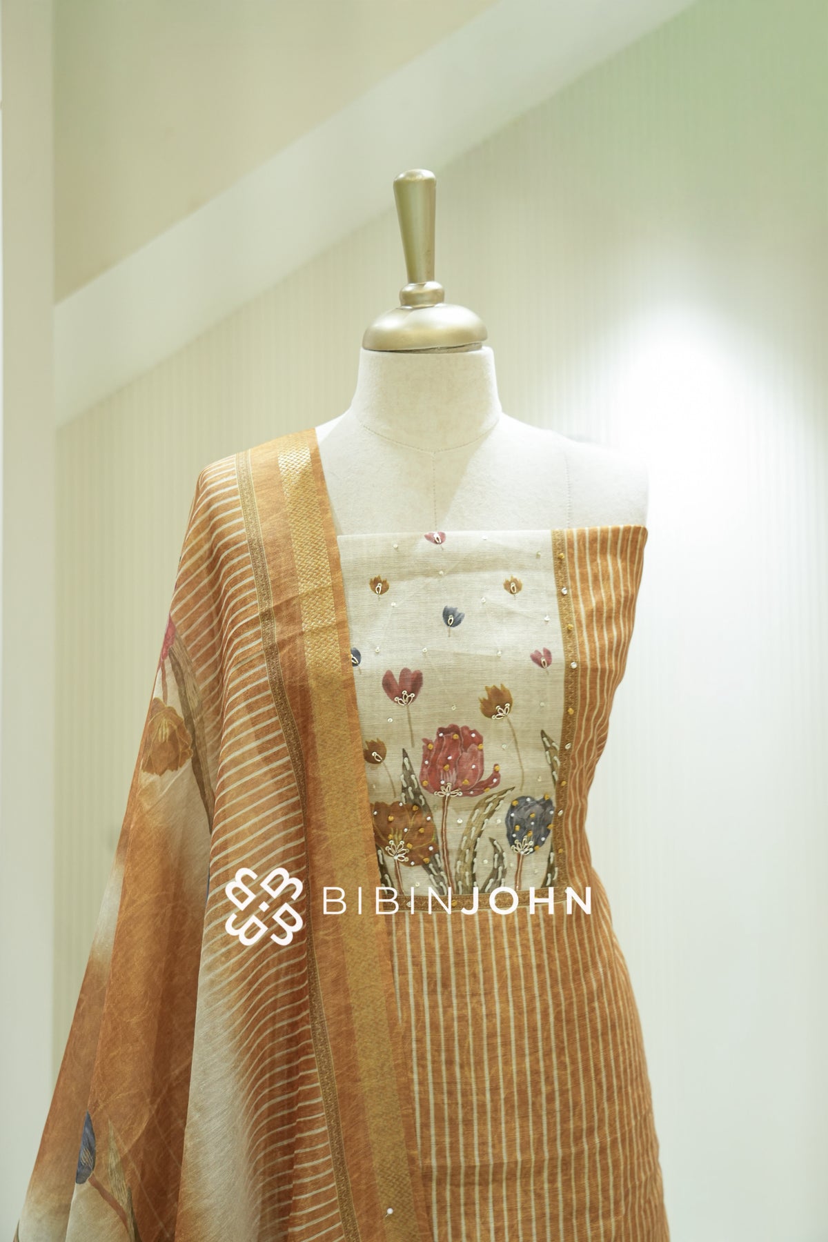 Semi Silk Embroidery Unstitched Salwar Suit Material Mustard Gold BJ2230