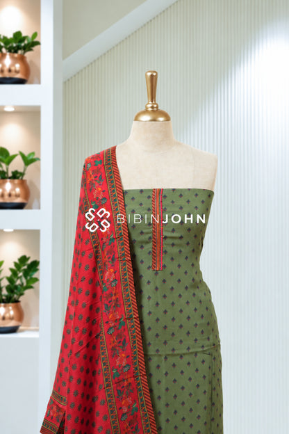 Printed Chanderi Unstitched Salwar Suits Material Olive Green With Red BJ1998
