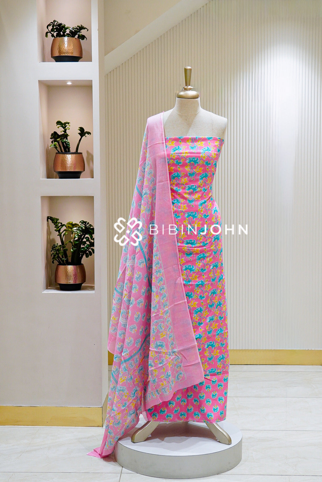 Printed Cotton Unstitched Salwar Suit Material Bright Pink