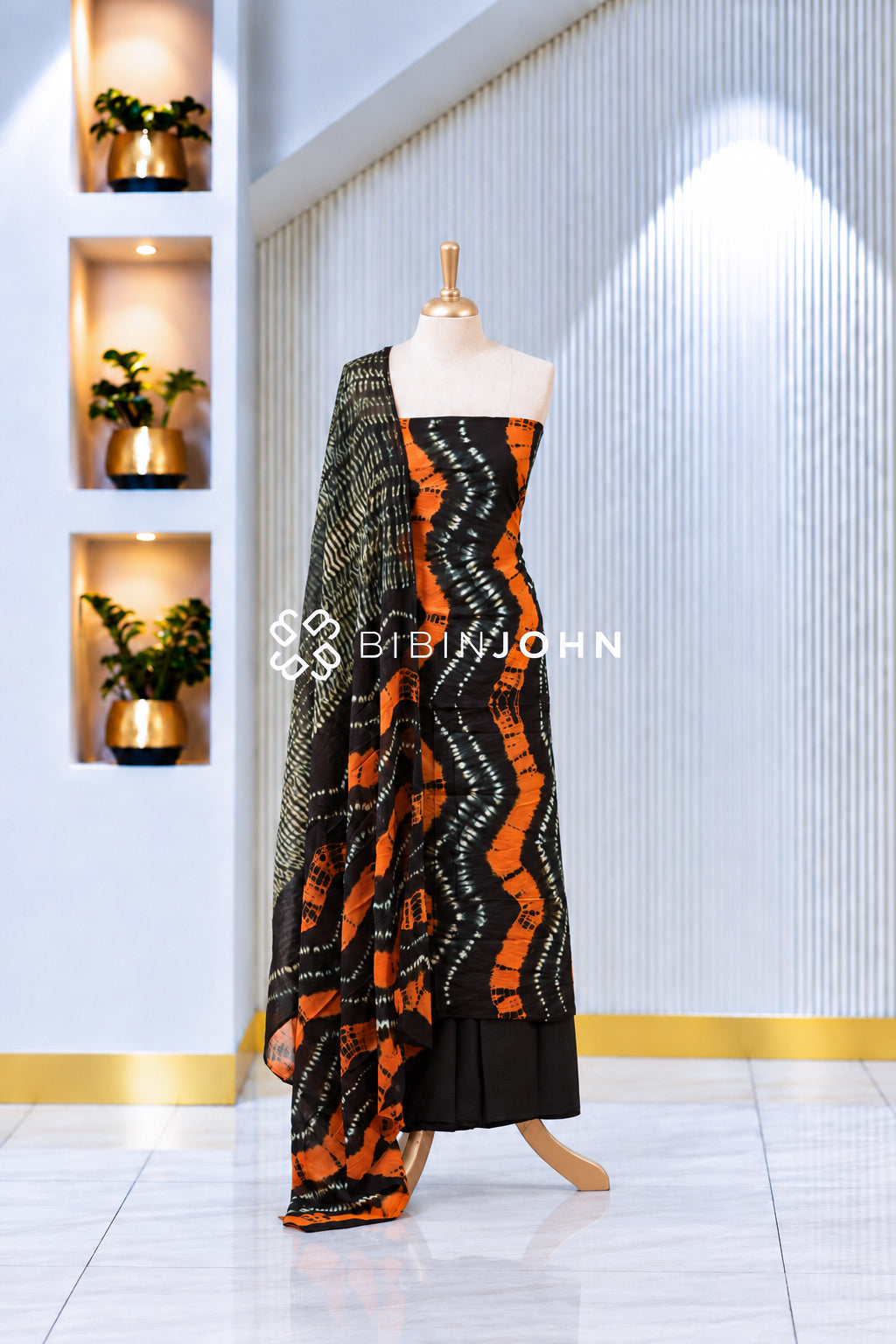 Printed Cotton Unstitched Salwar Suit Material Black With Orange BJ1986