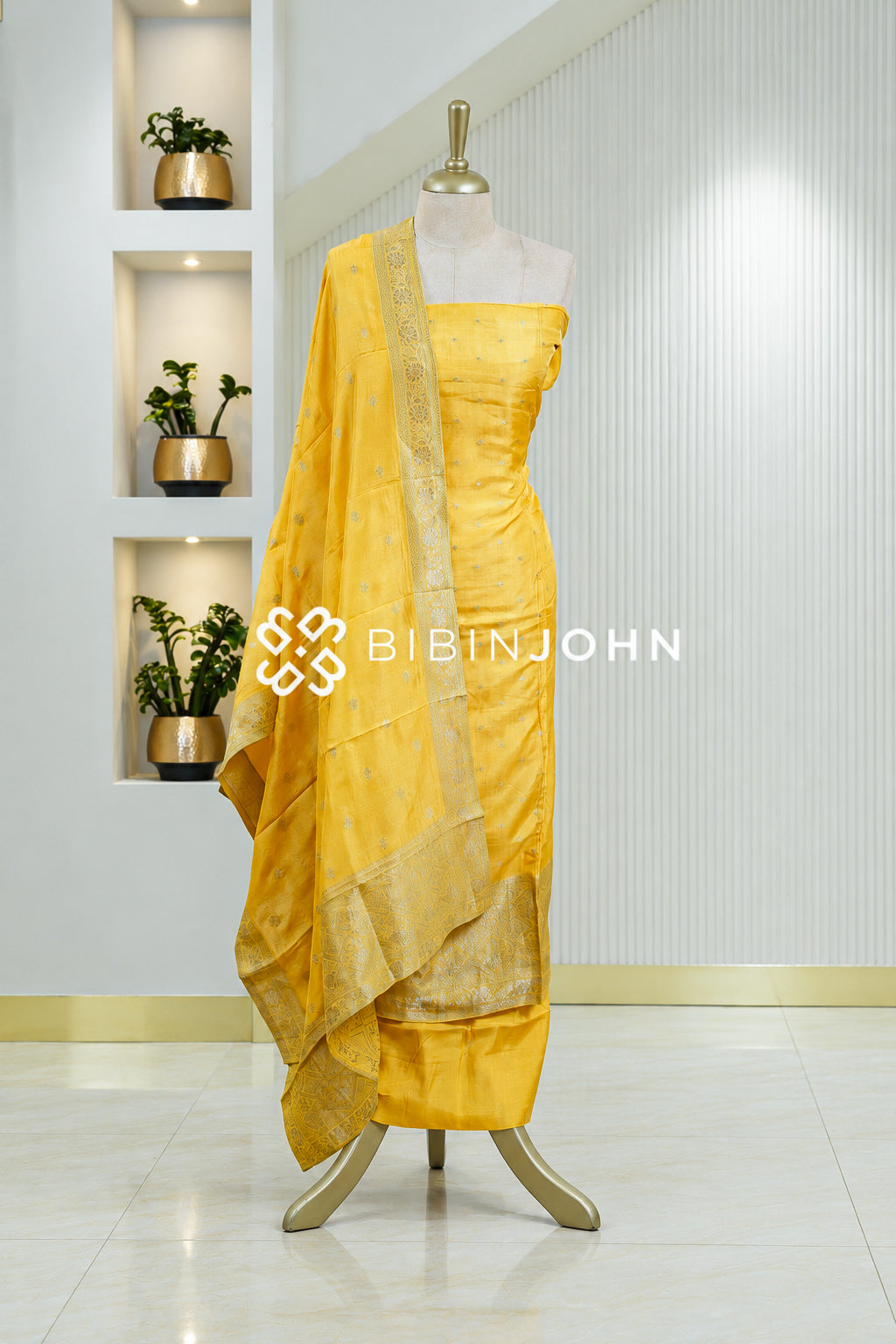 Silk Banarasi Unstitched Salwar Suit Material Golden Yellow BJ1838