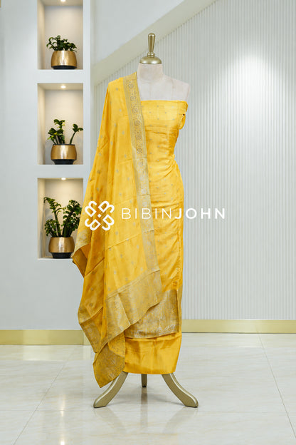 Silk Banarasi Unstitched Salwar Suit Material Golden Yellow BJ1838