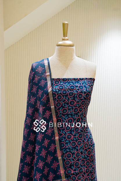 Printed Chanderi Unstitched Salwar Suit Material Navy Blue BJ1121