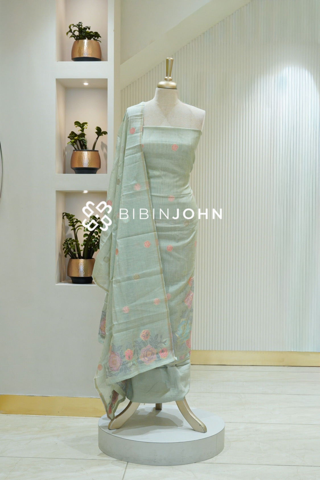 Semi Silk Jamdani Unstitched Salwar Suit Material Pastel Mint Green BJ2368