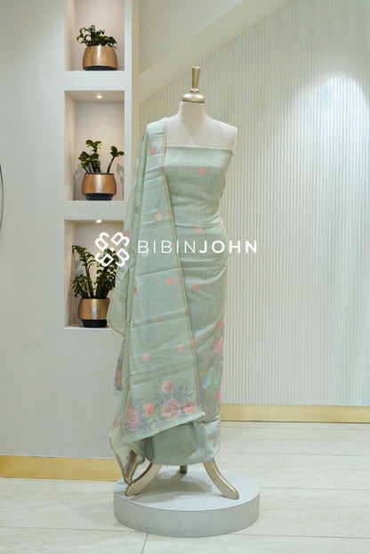 Semi Silk Jamdani Unstitched Salwar Suit Material Pastel Mint Green BJ2368