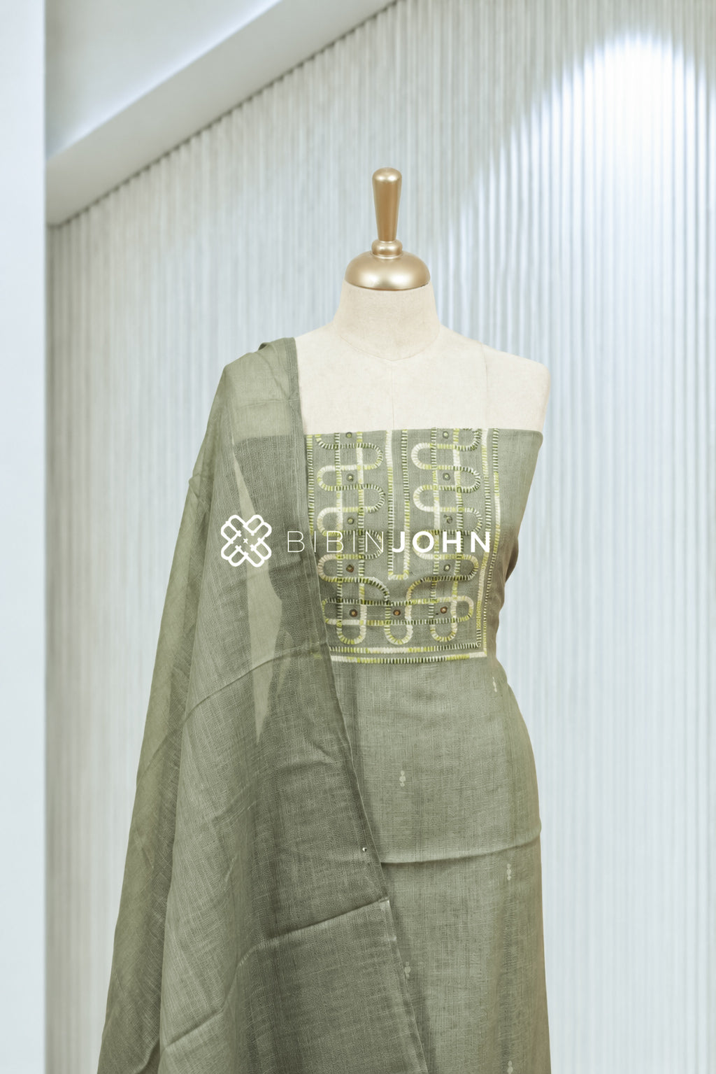 Art Linen Embroidery Unstitched Salwar Suit Material Muted Sage Green BJ1937