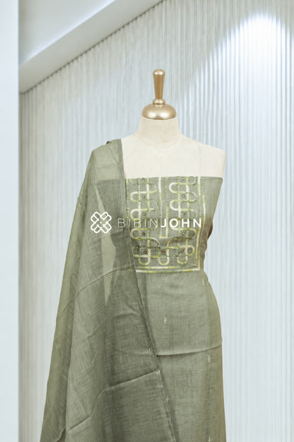 Art Linen Embroidery Unstitched Salwar Suit Material Muted Sage Green BJ1937