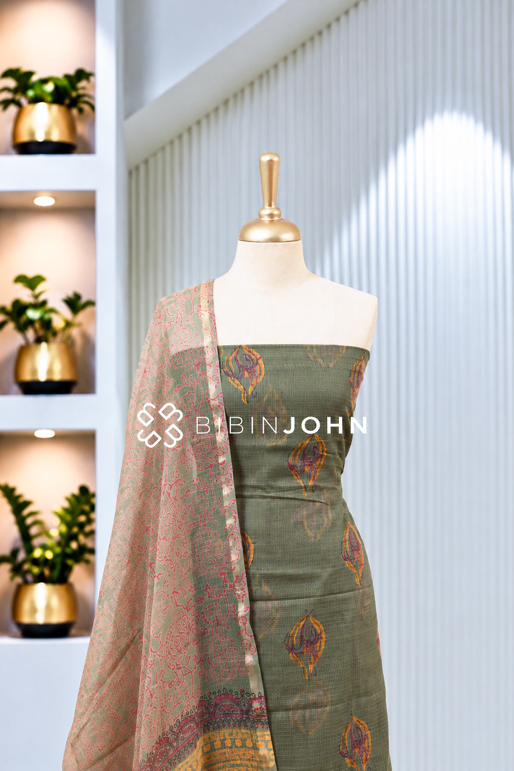 Printed Cotta Unstitched Salwar Suit Material Sage Olive Green BJ1978