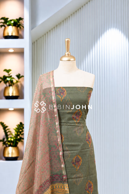 Printed Cotta Unstitched Salwar Suit Material Sage Olive Green BJ1978