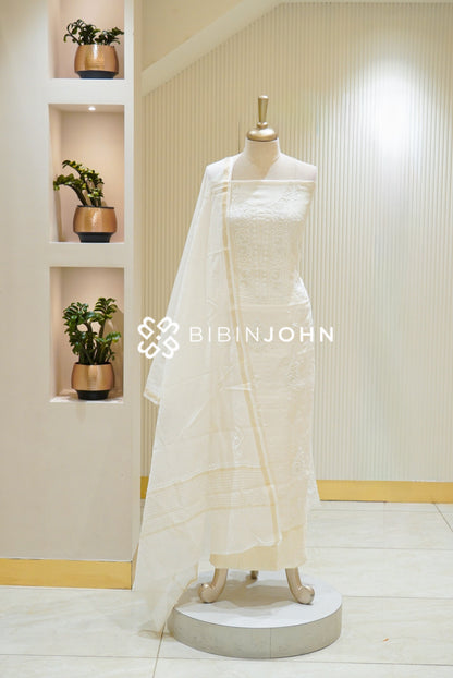 Chanderi Embroidery Unstitched Salwar Suit Material Ivory White BJ2749