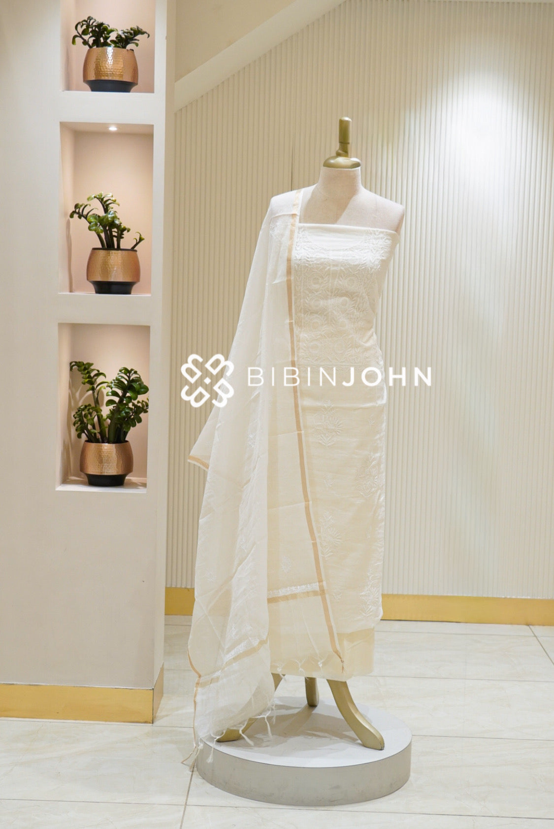 Chanderi Chikankari Unstitched Salwar Suit Material Ivory White BJ2828