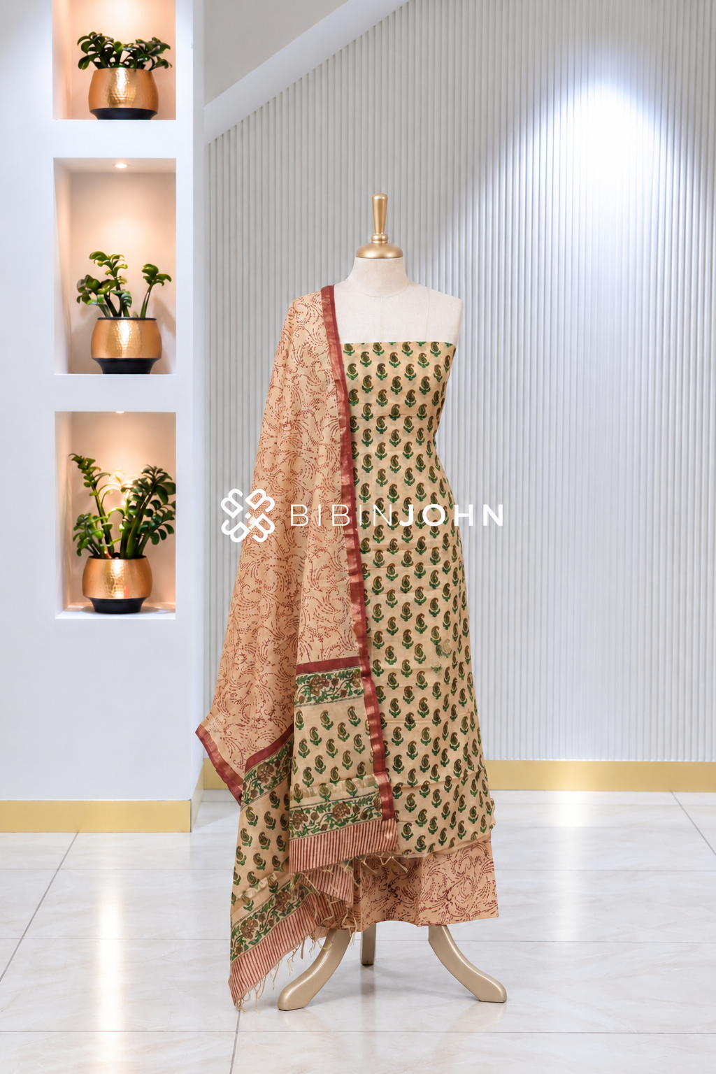 Printed Chanderi Unstitched Salwar Suit Material Peach Beige BJ1926