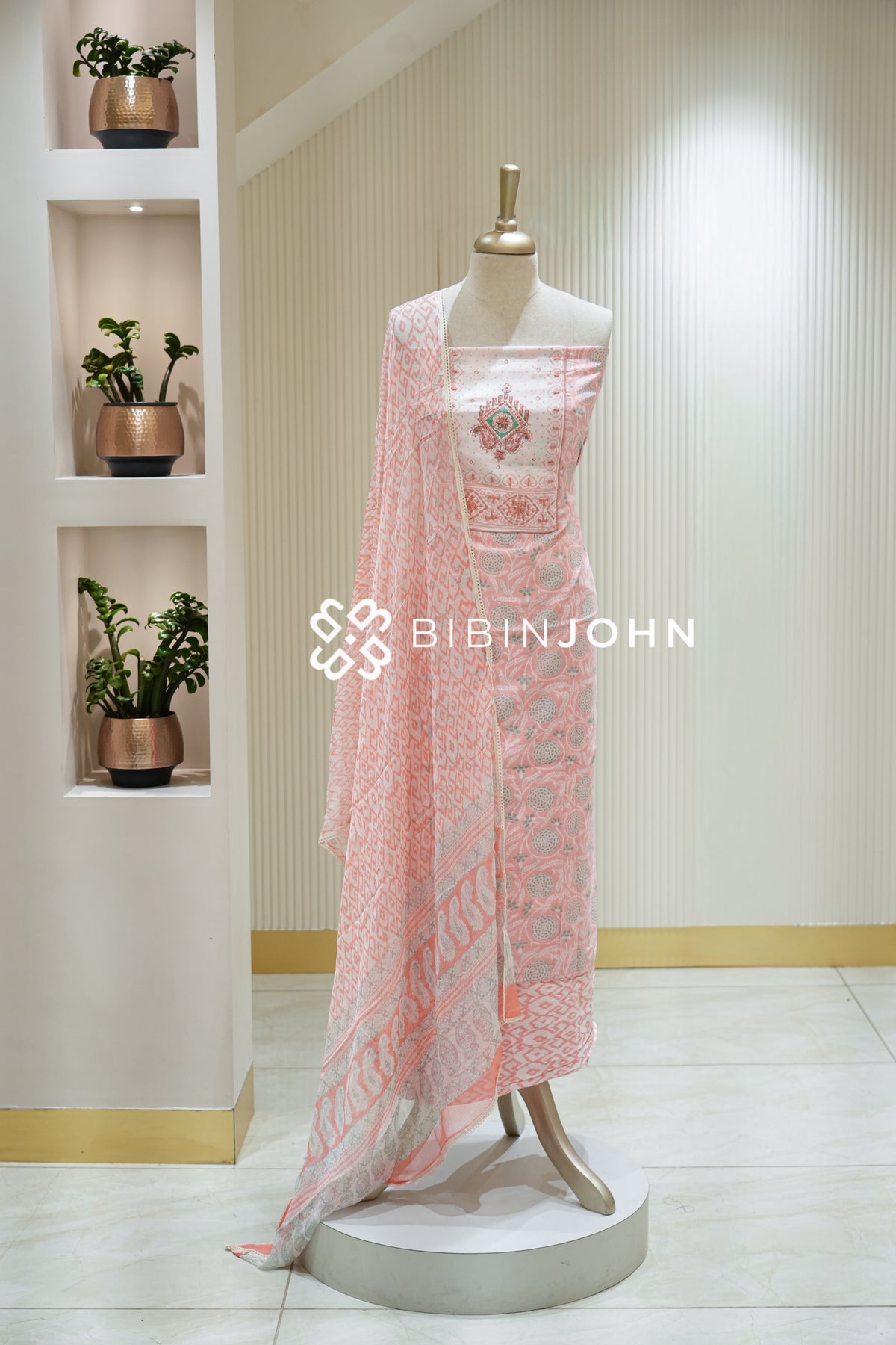 Cotton Embroidery Unstitched Salwar Suit Material Peach Pink BJ2242