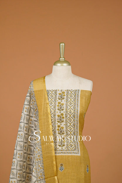 Linen Embroidery Unstitched Salwar Suit Dress Material Mustard Yellow AC0308