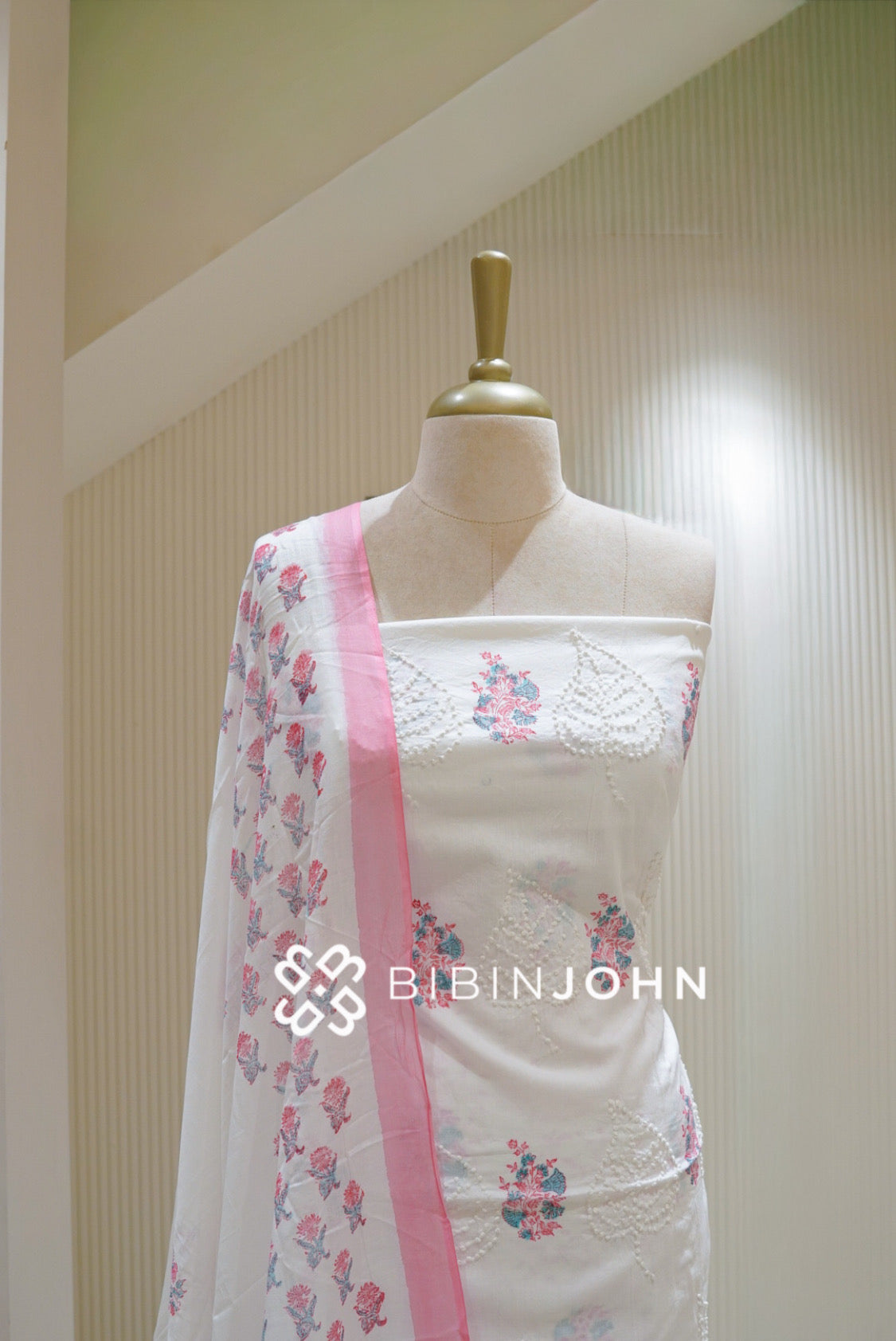 Cotton Embroidery Unstitched Salwar Suit Material Off White With Baby Pink BJ2813