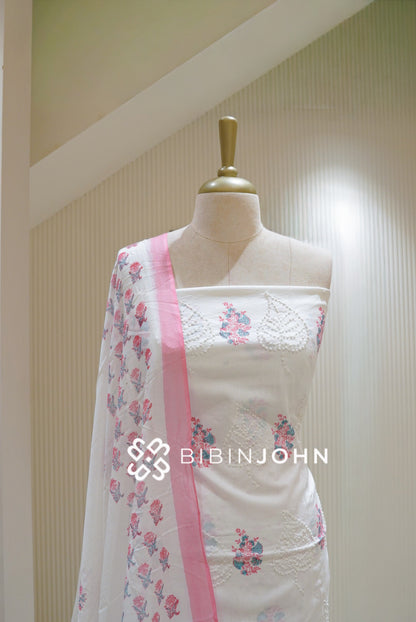 Cotton Embroidery Unstitched Salwar Suit Material Off White With Baby Pink BJ2813