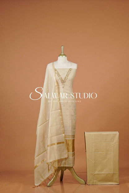 Chanderi Embroidery Unstitched Salwar Suit Dress Material Ivory AC0306