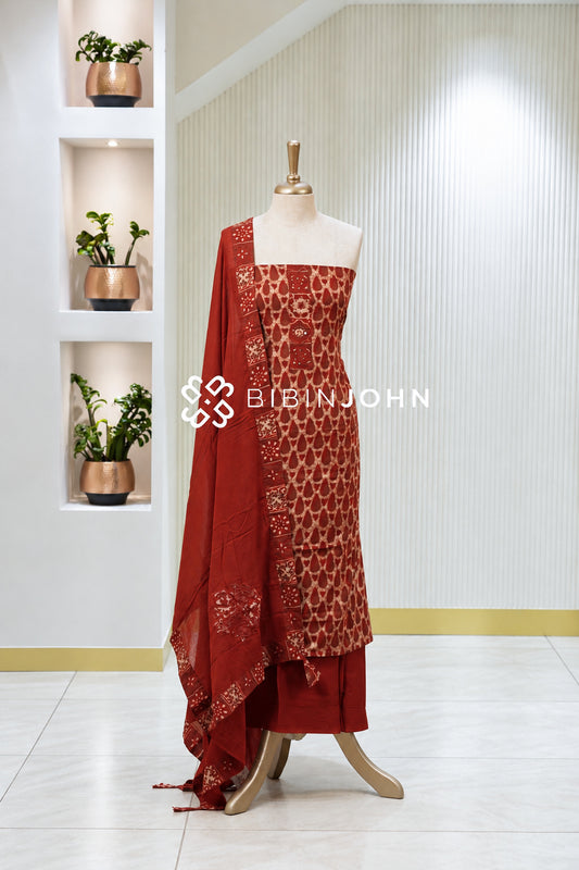 Printed Cotton Unstitched Salwar Suit Material Terracotta Red with Beige BJ1994