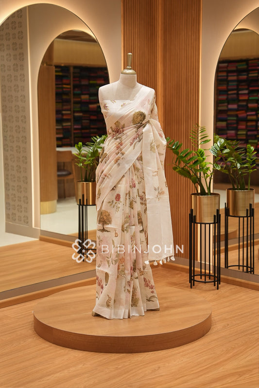 Printed Linen Saree For Women Ivory White BJ2189