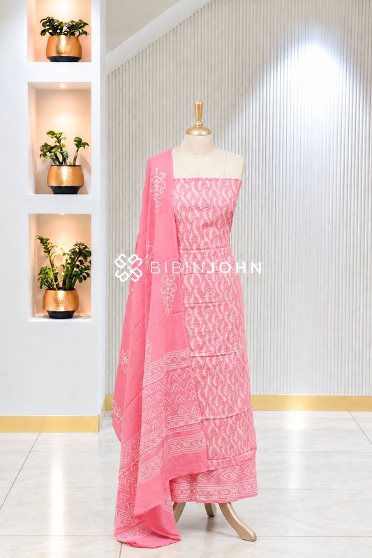 Printed Cotton Unstitched Salwar Suit Material Coral Pink BJ1928