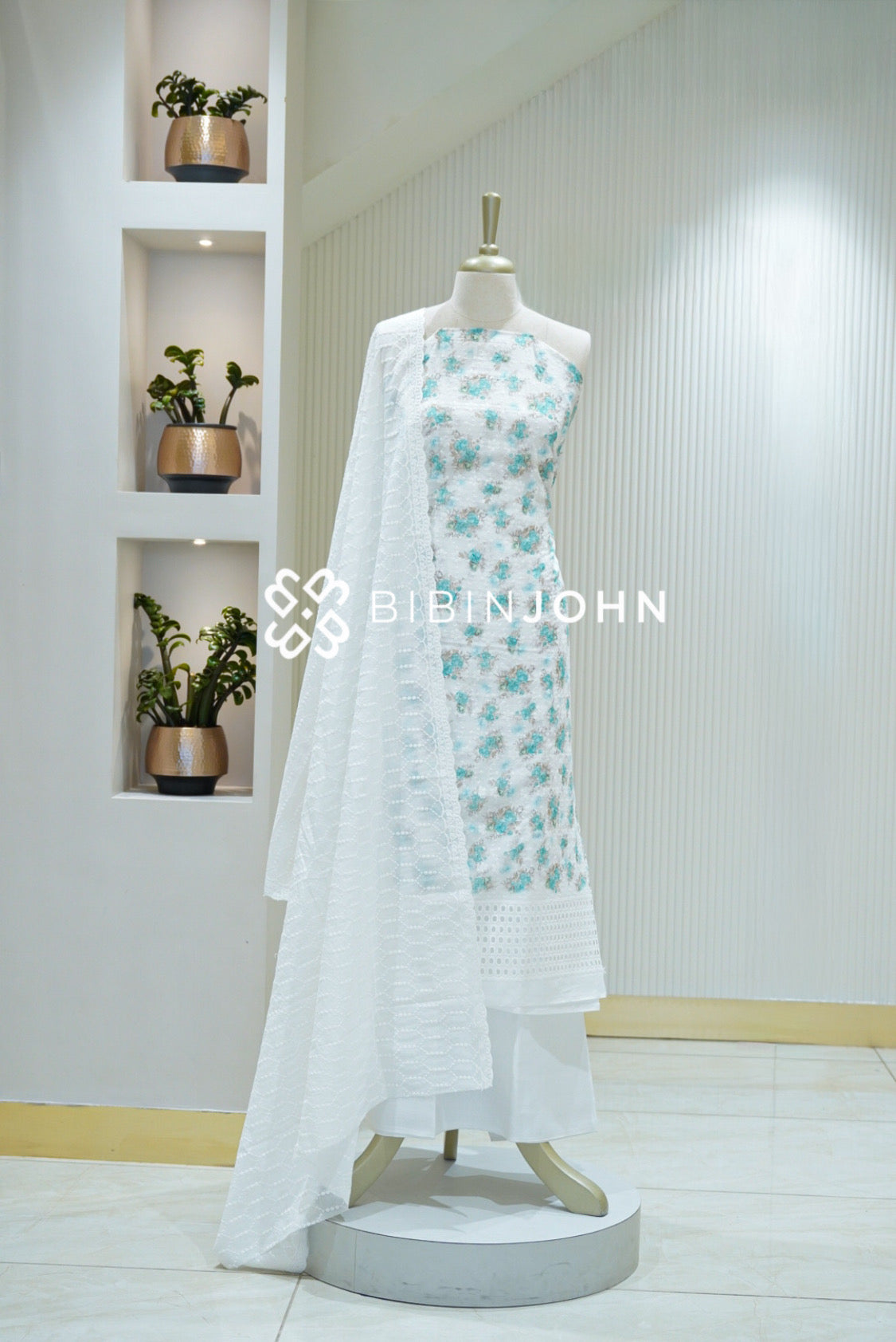 Cotton Embroidery Unstitched Salwar Suit Material White BJ2121