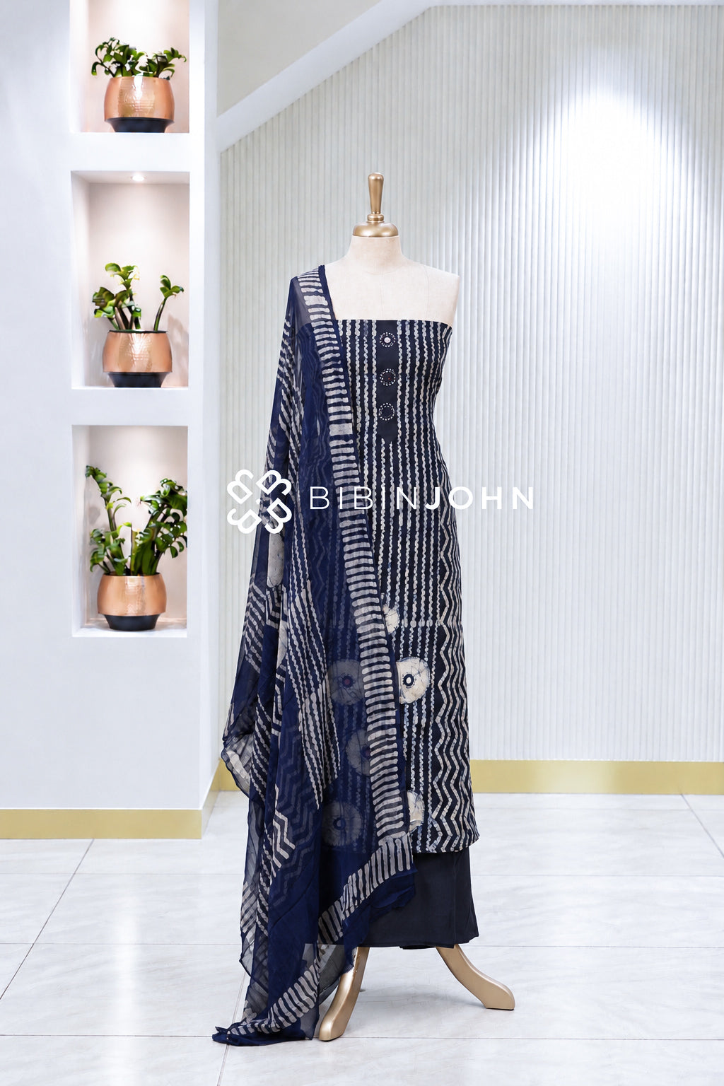 Printed Cotton Unstitched Salwar Suit Material Navy Blue With White BJ2008