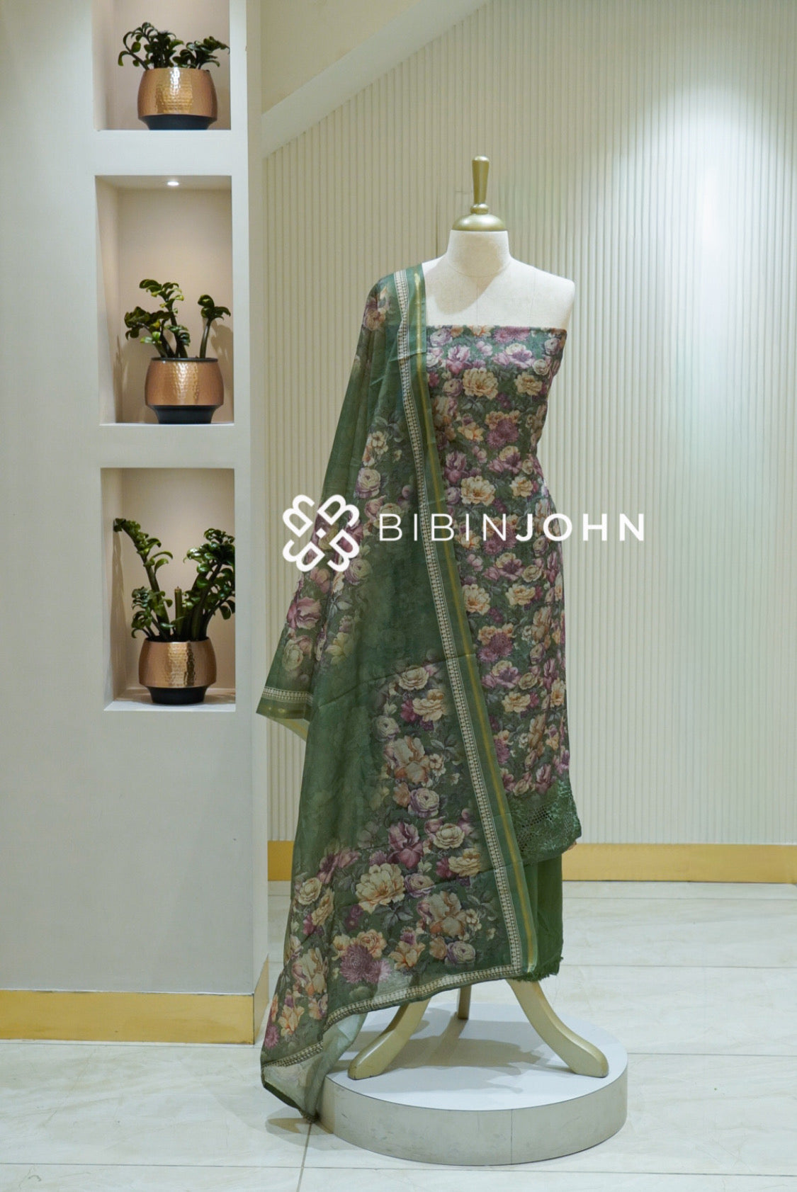 Printed Chanderi Unstitched Salwar Suit Material Green BJ2510
