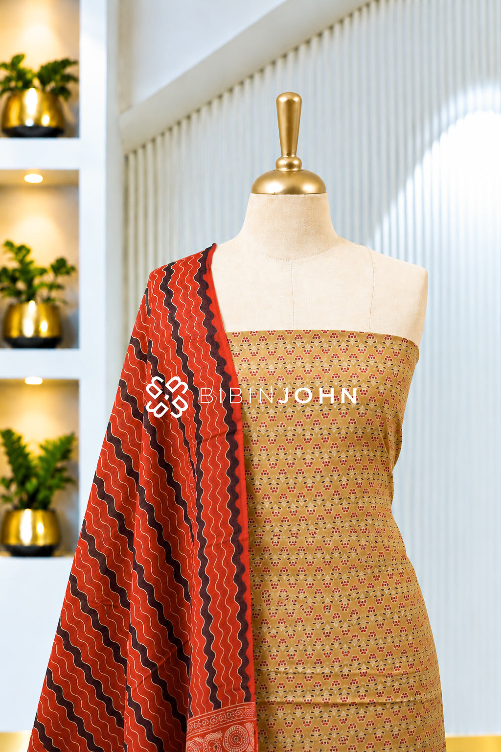 Printed Cotton Unstitched Salwar Suit Material Mustard Beige BJ1991