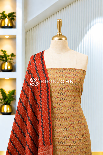 Printed Cotton Unstitched Salwar Suit Material Mustard Beige BJ1991