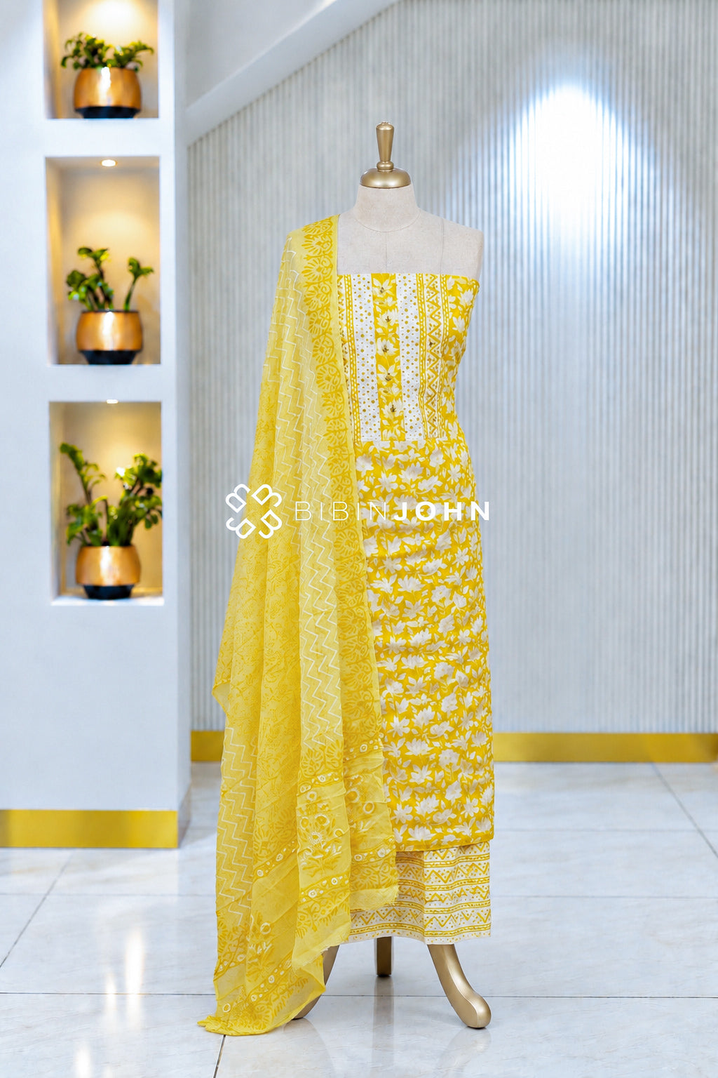 Printed Cotton Unstitched Salwar Suit Material Sunshine Yellow BJ2057