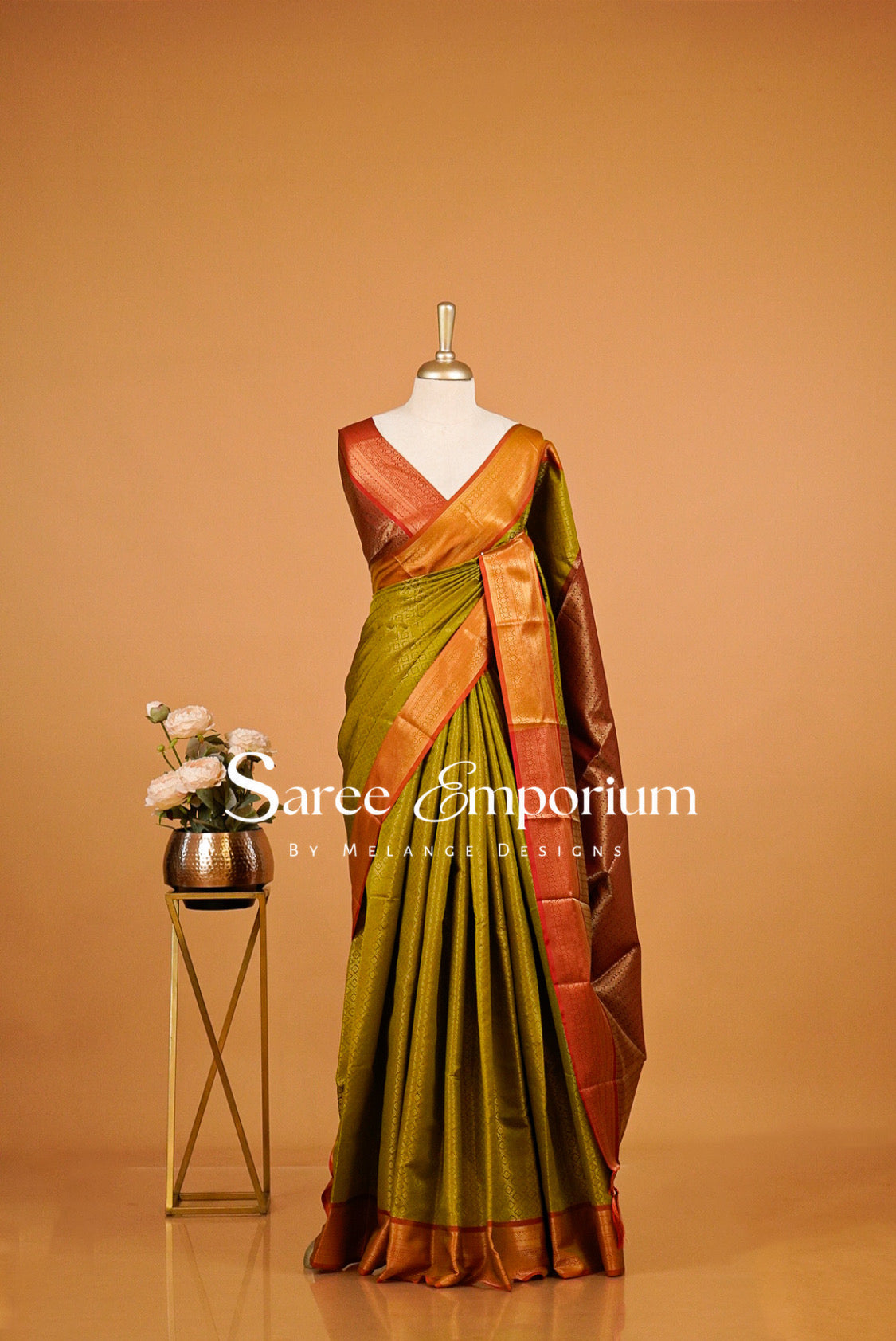 Semi Silk Brocade Saree For Women Olive Green with Rust Orange